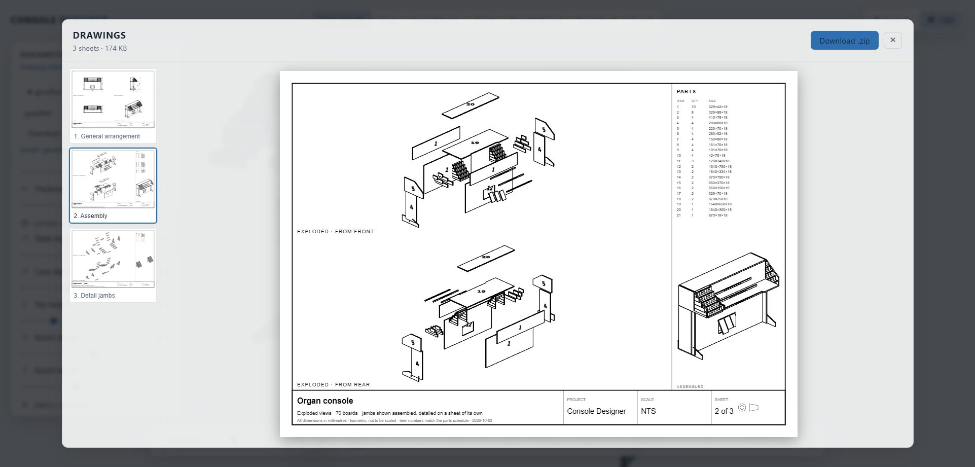 Exploded assembly sheet with a numbered parts schedule
