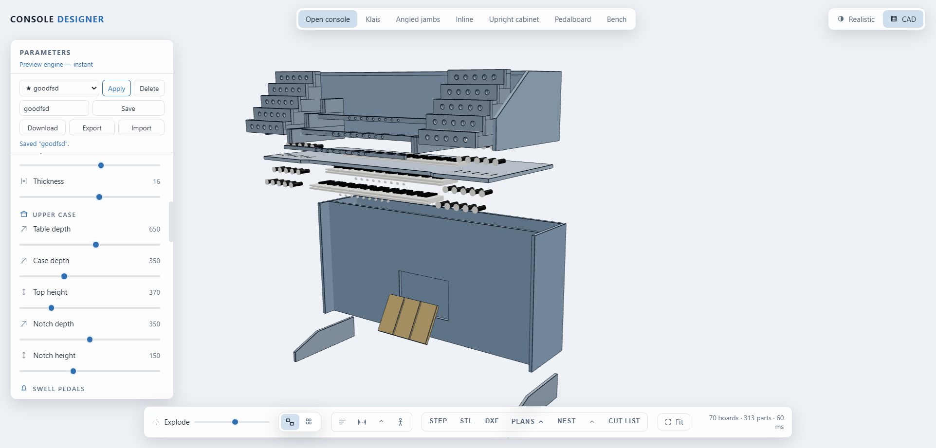 CAD view with the console exploded by component