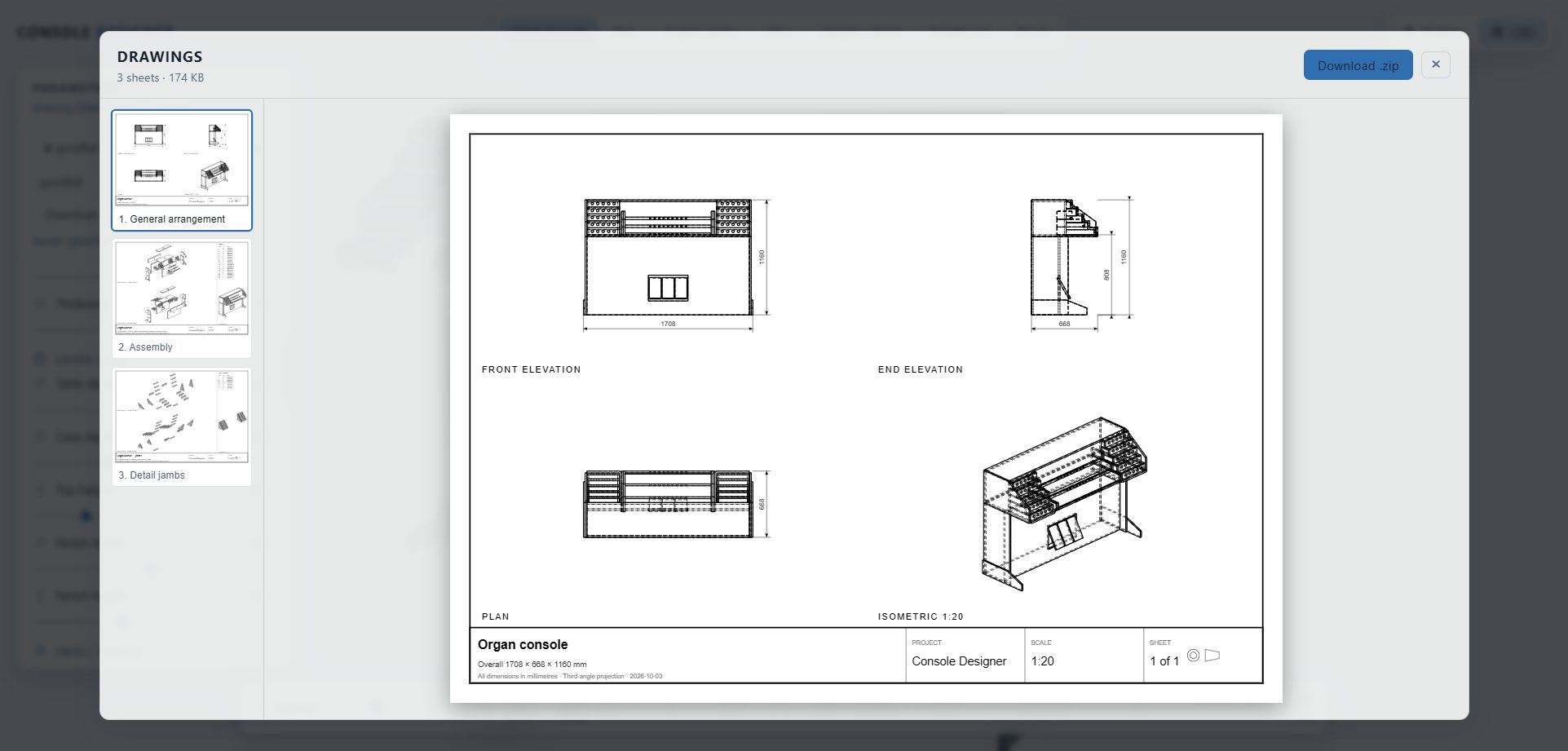 A3 drawing sheet in third-angle projection