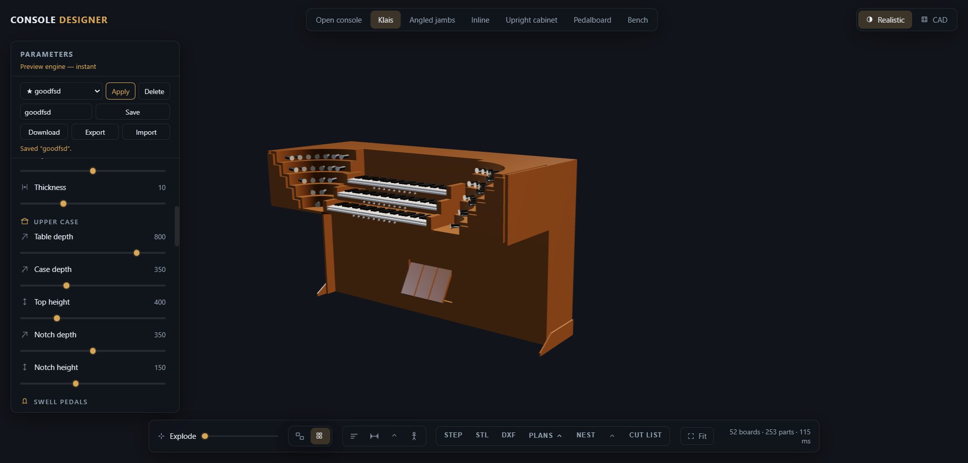 The Klais console type with curved drawknob jambs