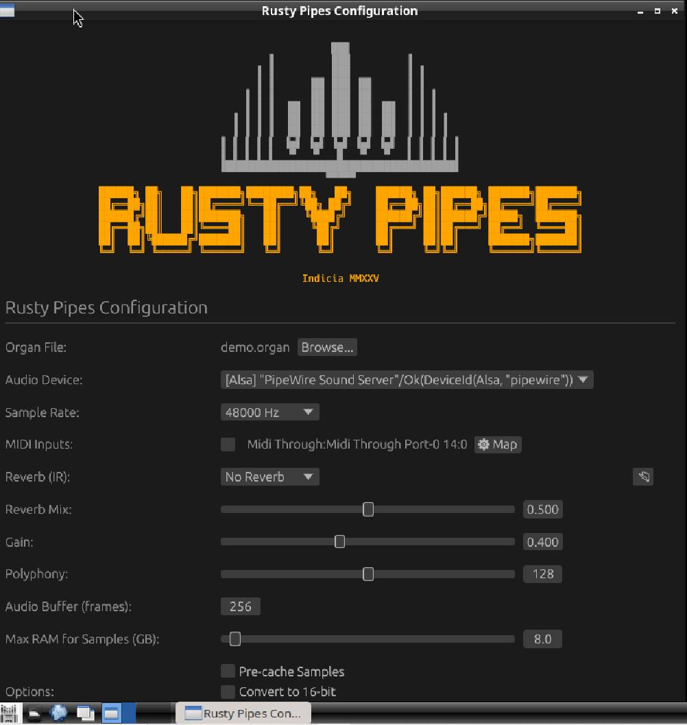 RustyPipes configuration screen