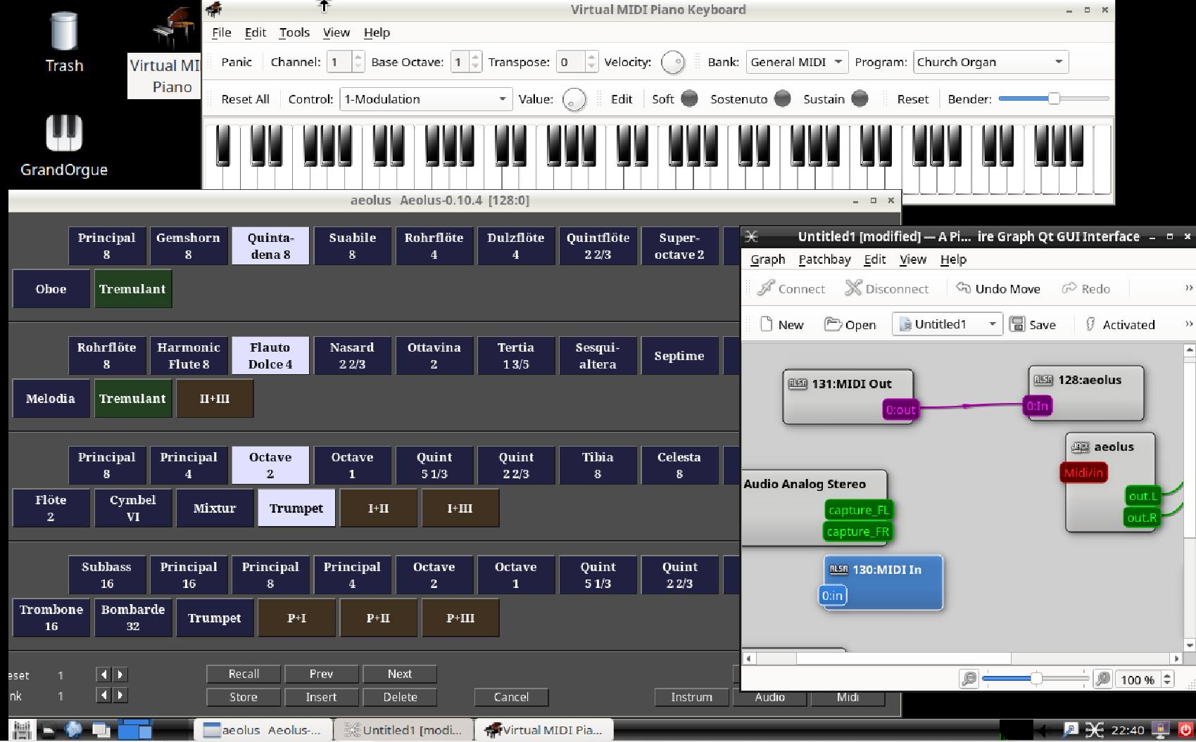 Aeolus with the PipeWire patchbay on OpenPipes OS x86